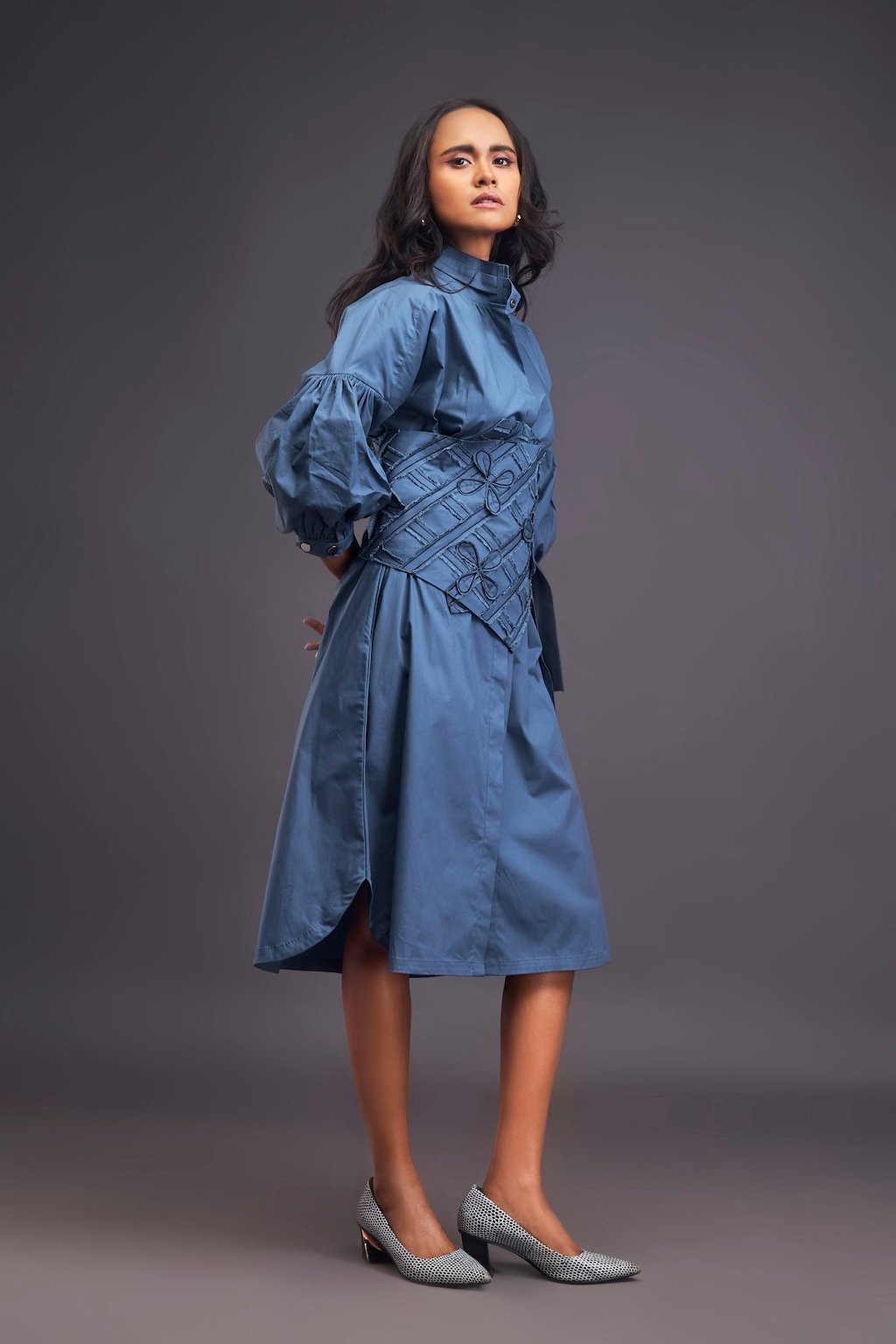 Shirt Dress with Applique Corset Style Tie up Belt