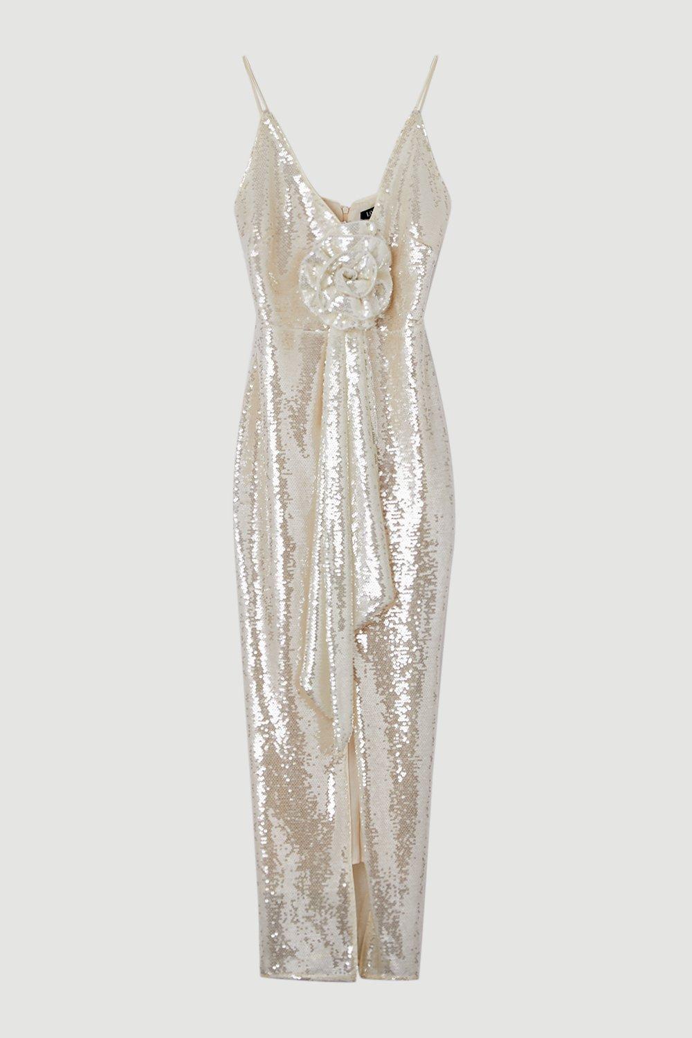 Sequin Rosette Plunge Woven Maxi Dress