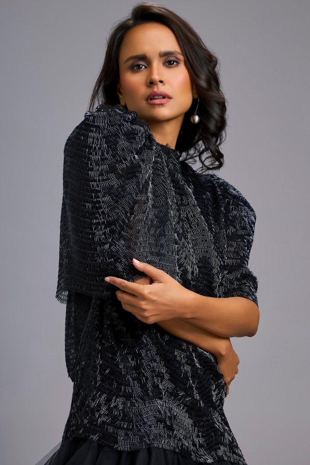 Black Shimmer Dress with Puff Sleeves & Tulle Hem