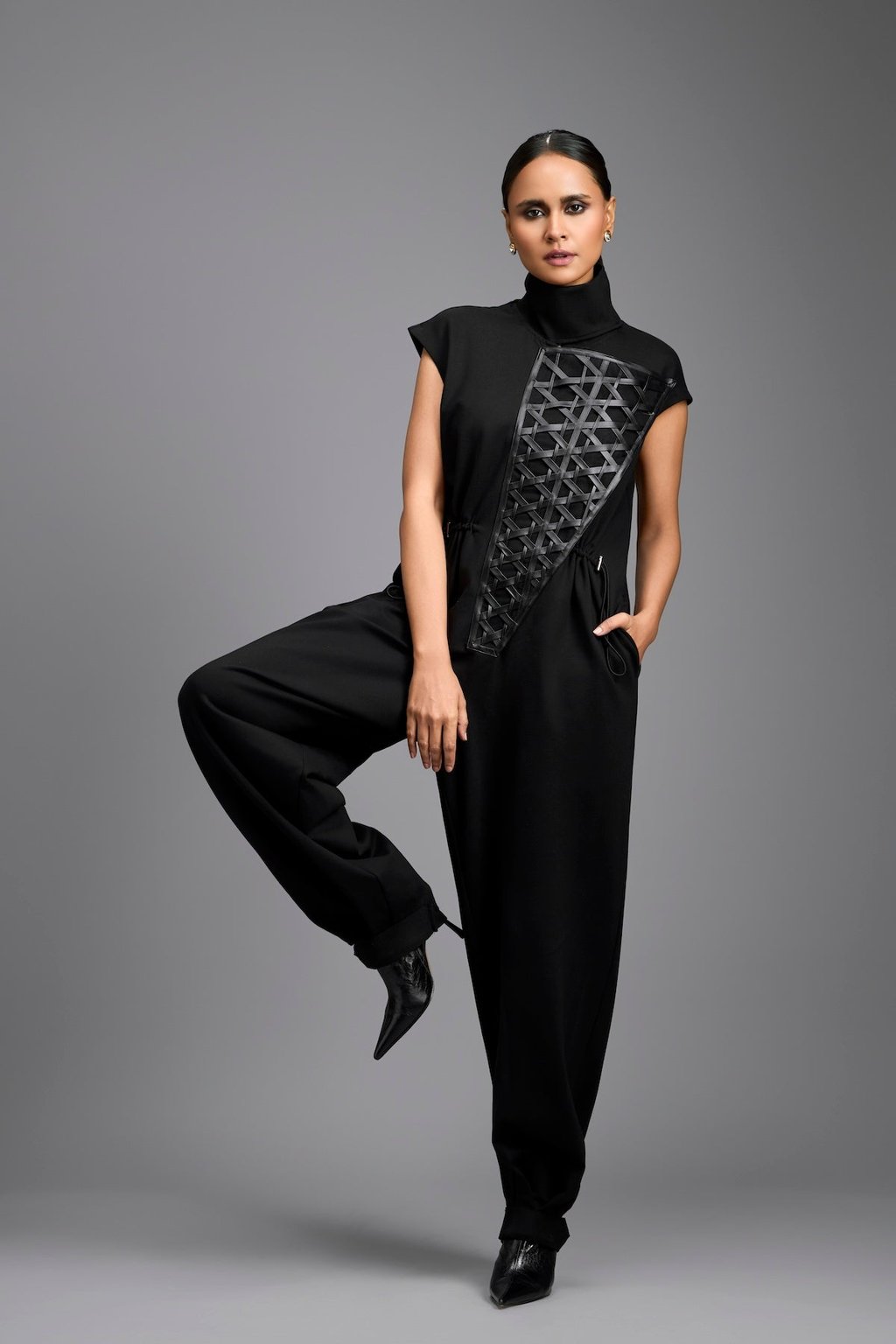Jumpsuit with Woven Leather Panel