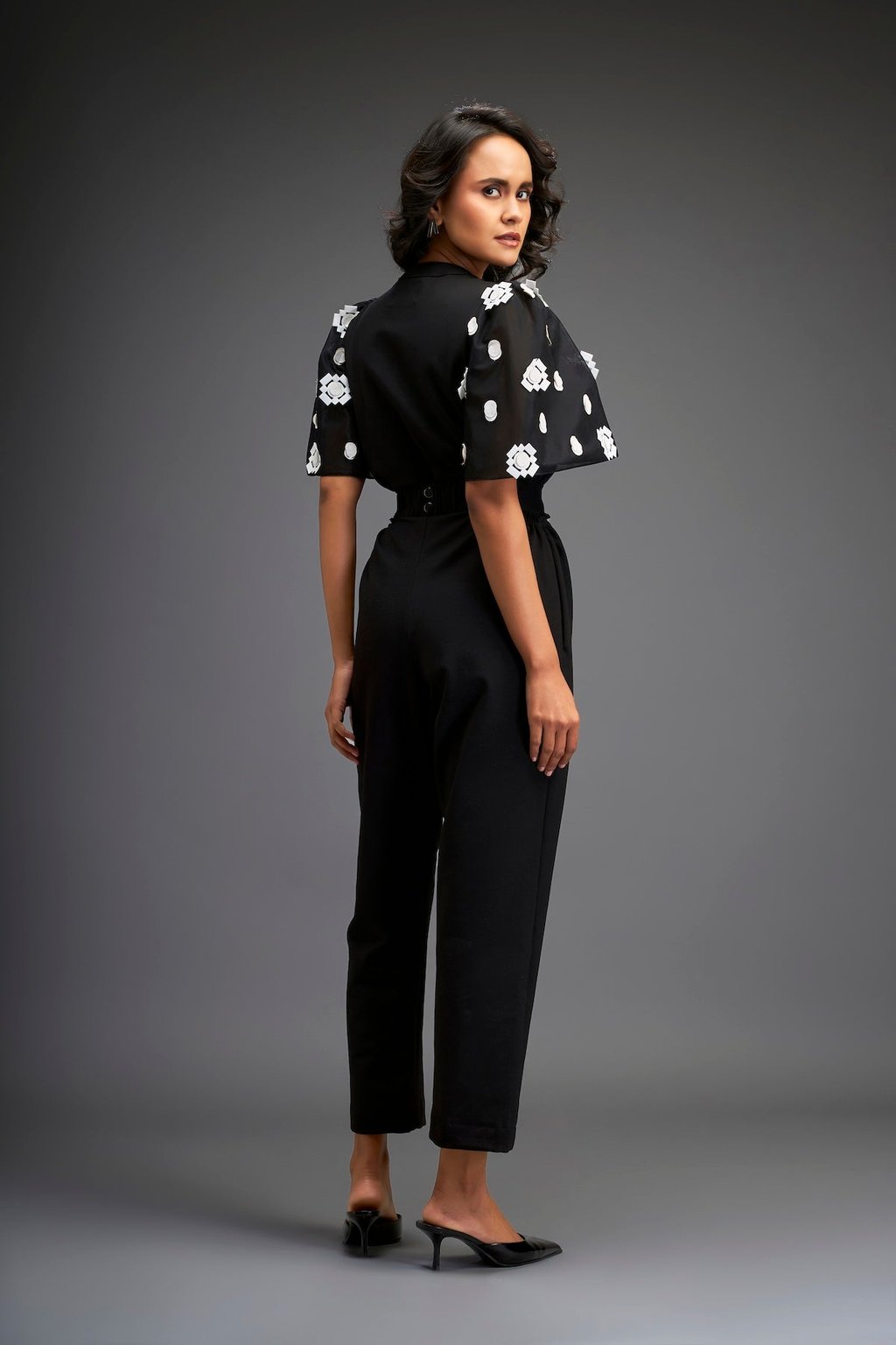 Black Embroidered Sleeves Jumpsuit with Belt