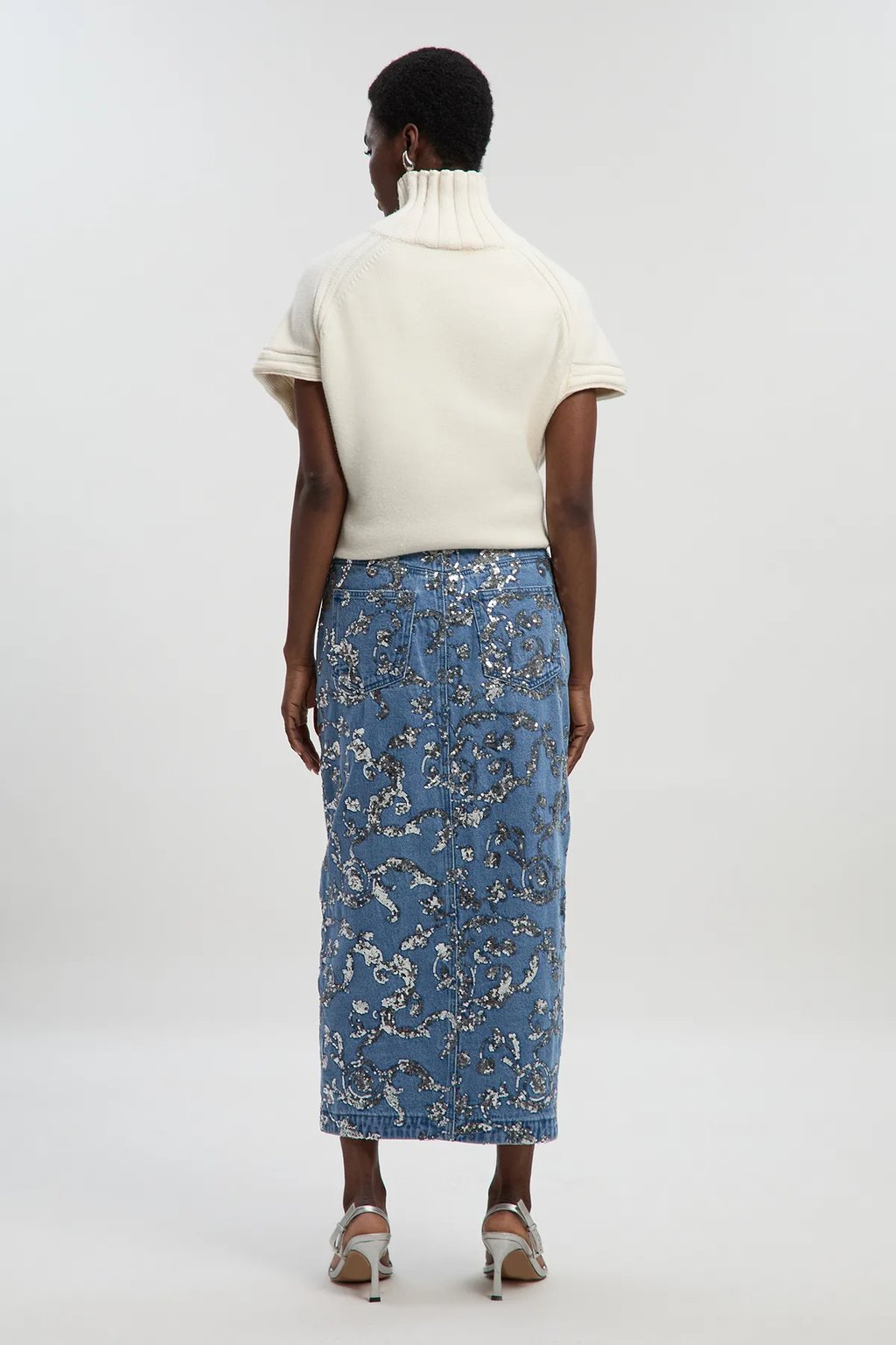 Sequin Denim Pencil Skirt