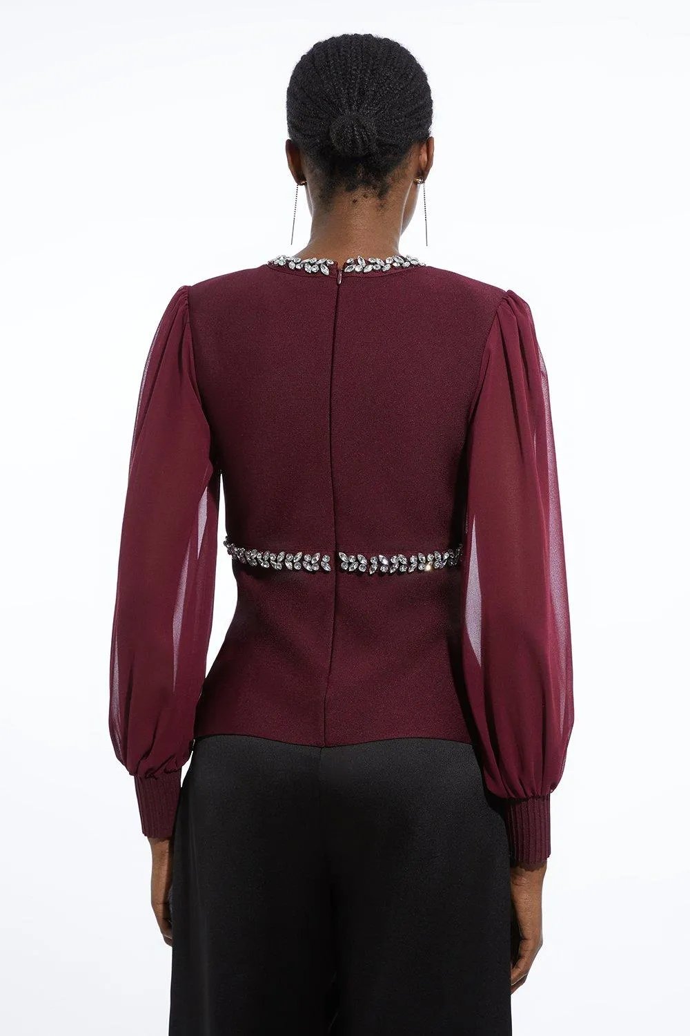 Bandage Embellished and Chiffon Sleeve Figure Form Knit Top