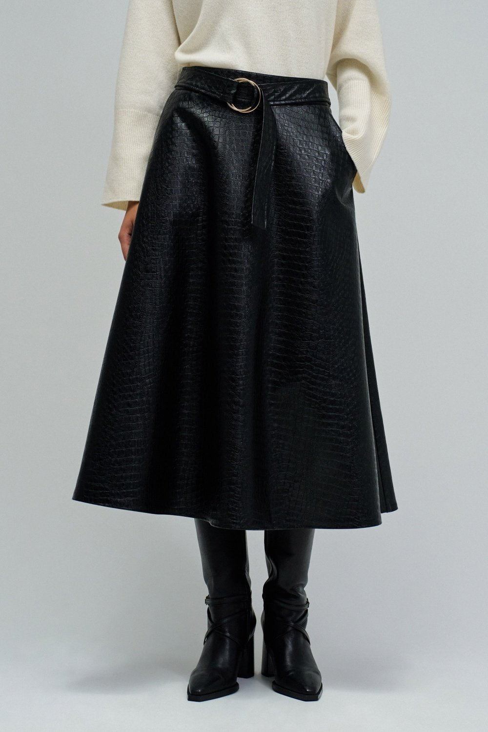 Faux Leather Midi Skirt with Belt