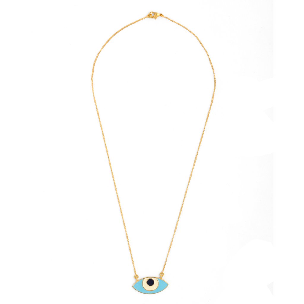 Evil Eye Enamel Neck Chain - Turquoise Gold