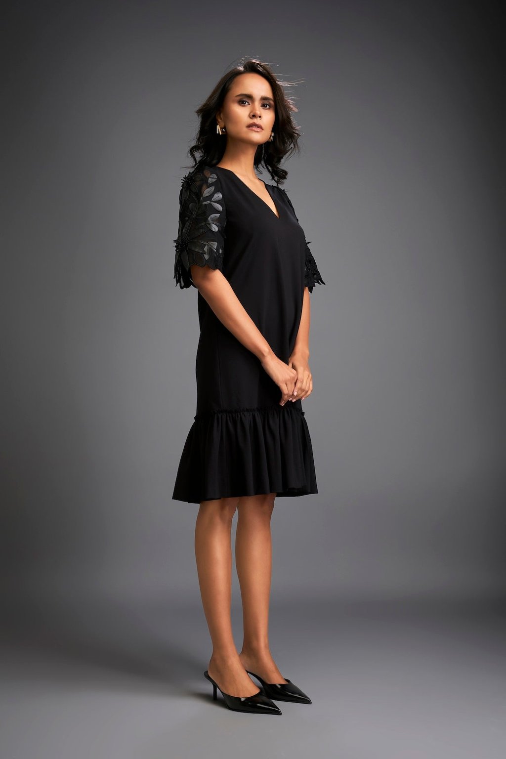 V-Neck Dress With Leaf-Patterned Sleeves