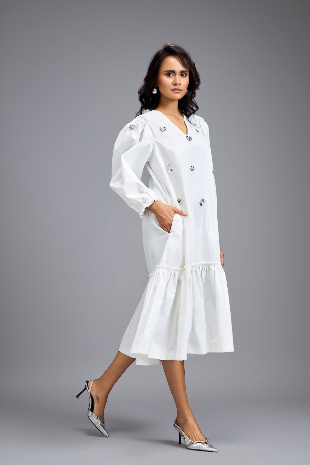 Long Gathered Hem Embellished Dress