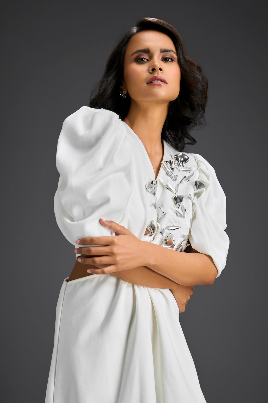 White V-Neck Cut-Out Embroidered Dress