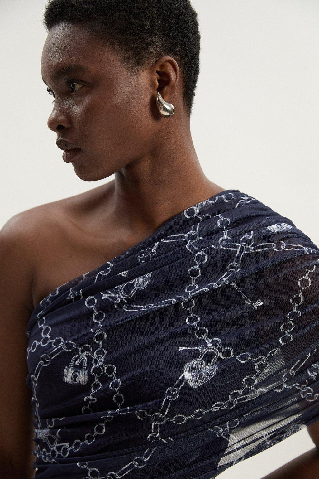 Chain Print Mesh One Shoulder Midi Dress
