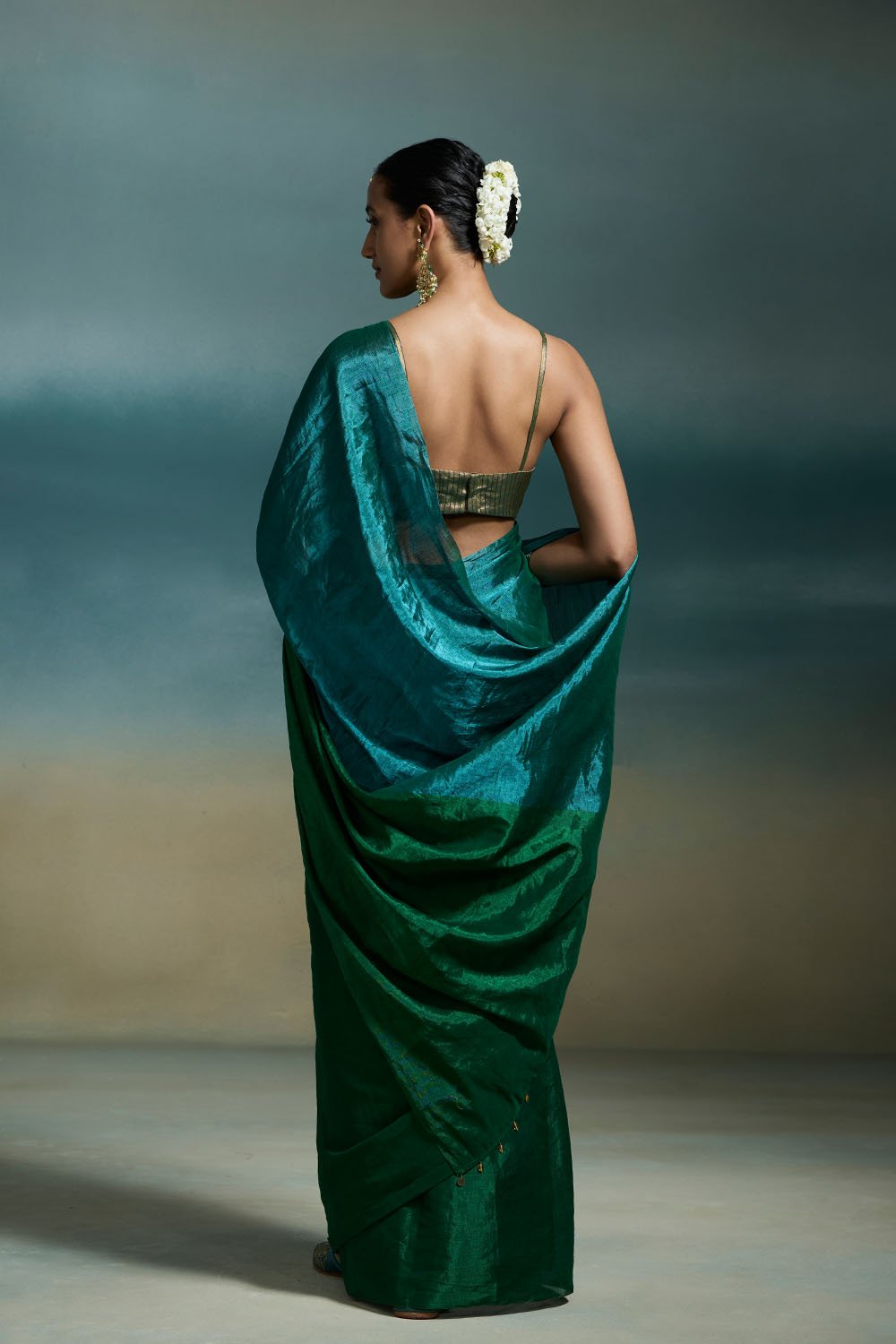 Oorja Handloom Tissue Green & Blue Sarees