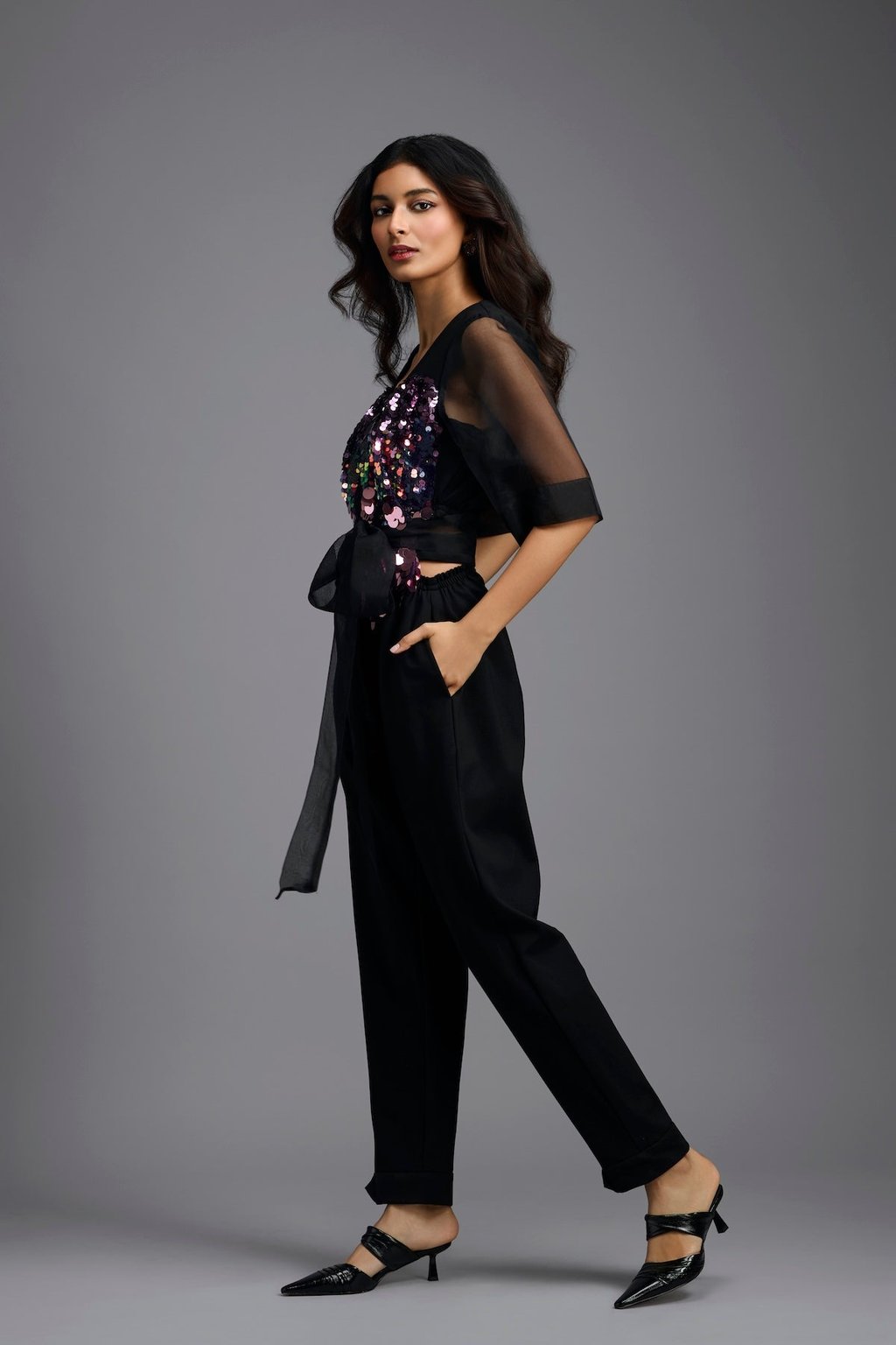 Sequin Jumpsuit with Sheer Sleeves