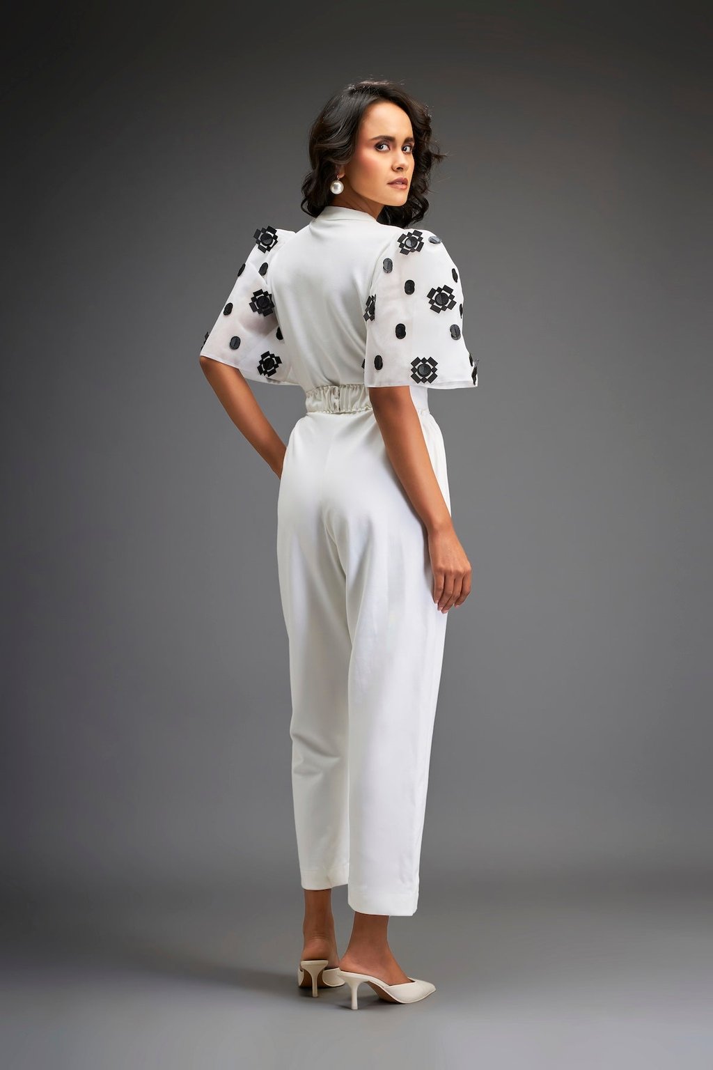 White Embroidered Sleeves Jumpsuit with Belt