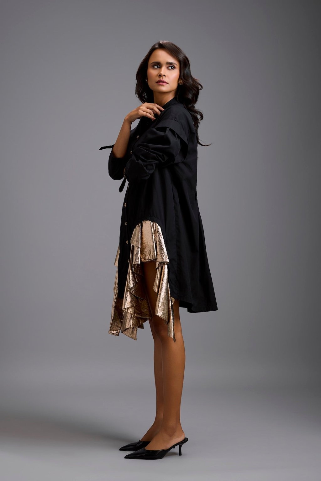 Black Mini Dress with Gold Ruffles