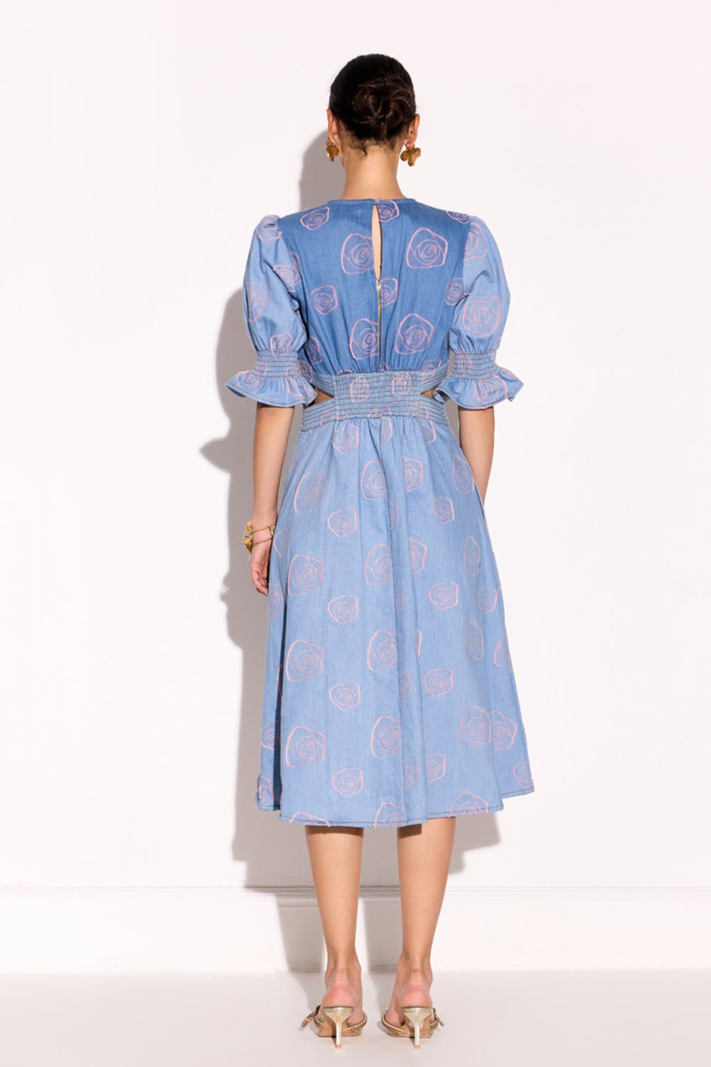 Applique Roseatte Denim Midi Dress