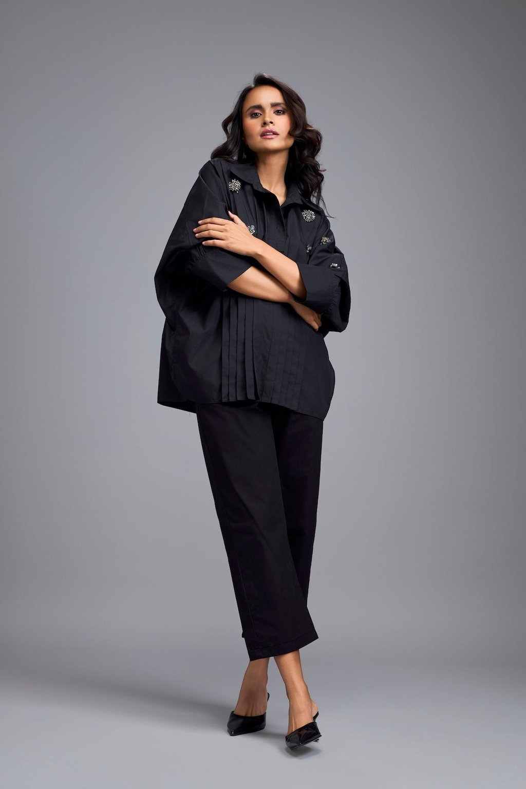 Black Embellished Button-Down Shirt with Pants