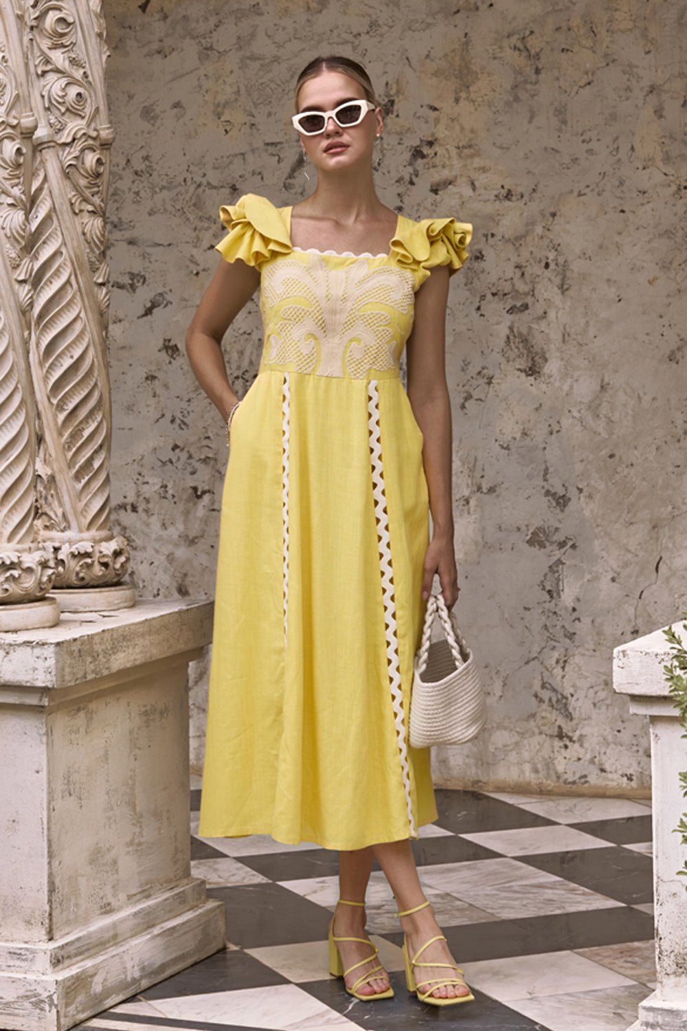 Flutter Sleeve and Honeycomb Embroidered Dress