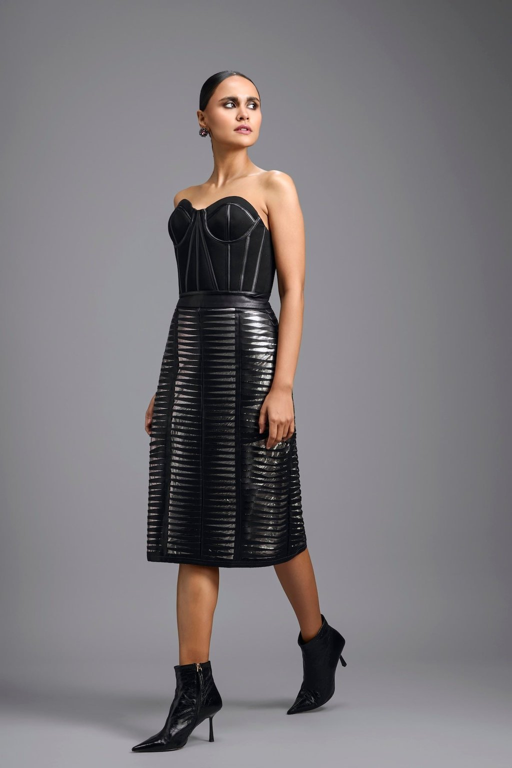 Sheer Leather-Strip Pencil Skirt