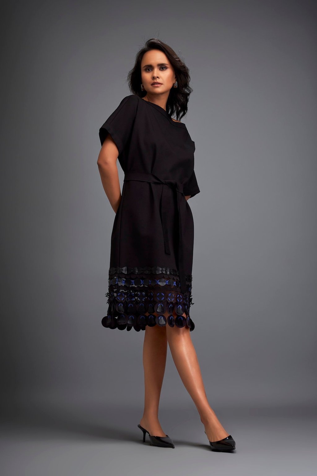 Structured Dress with Leather Applique Hem and Belt