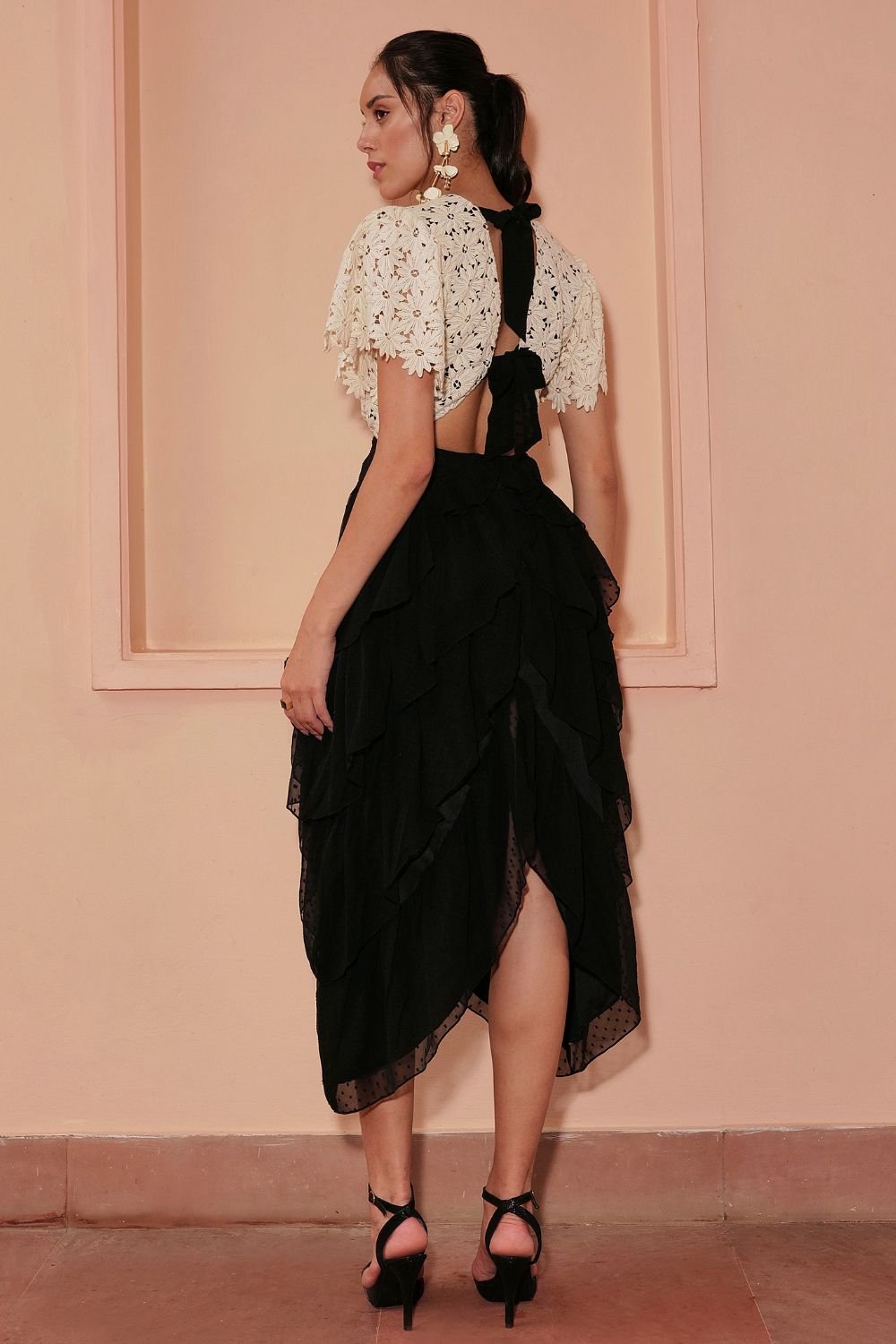 Monochrome Guipore Ruffled Dress