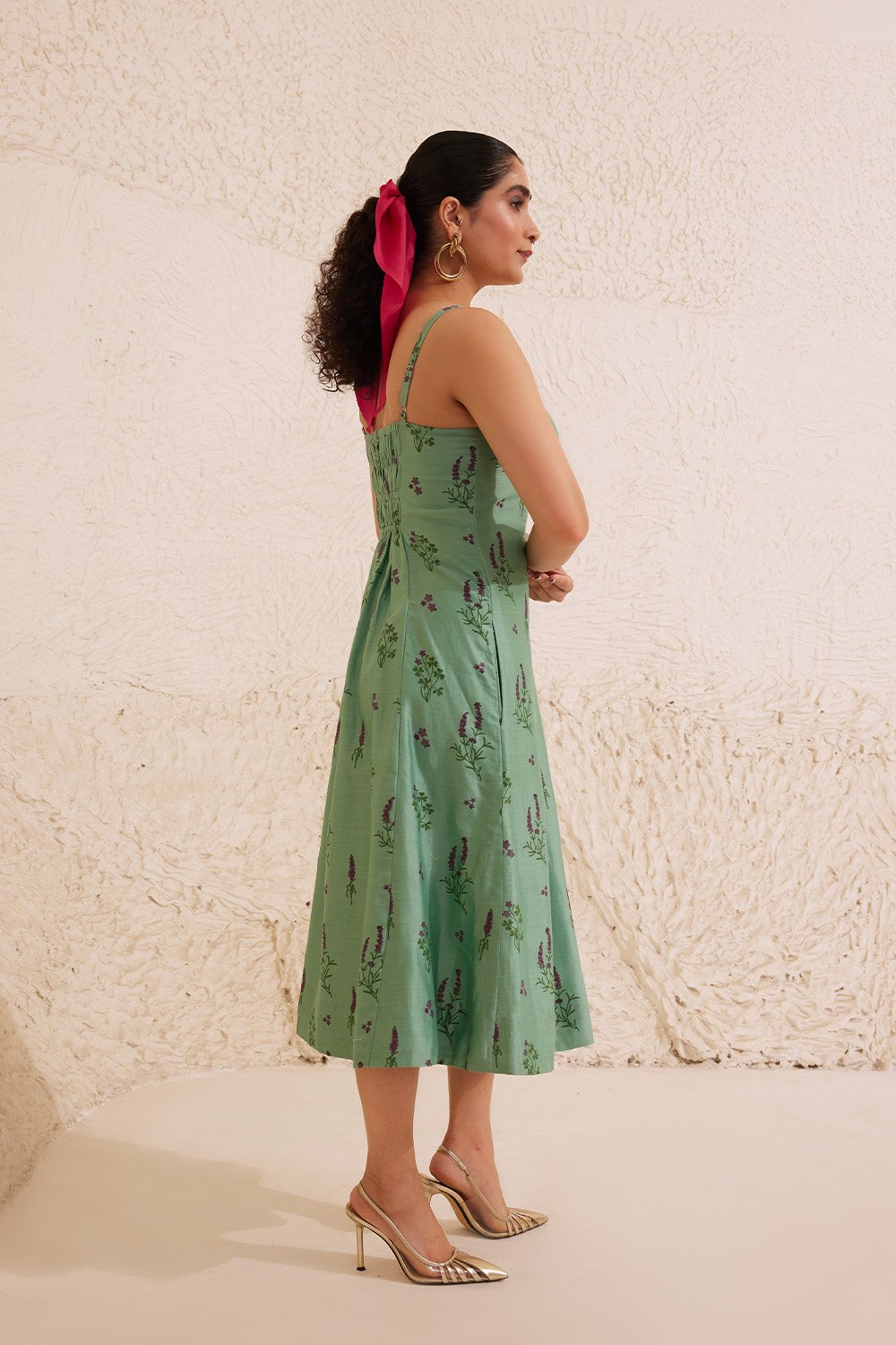 Teal Chanderi Hand Block Floral Dress