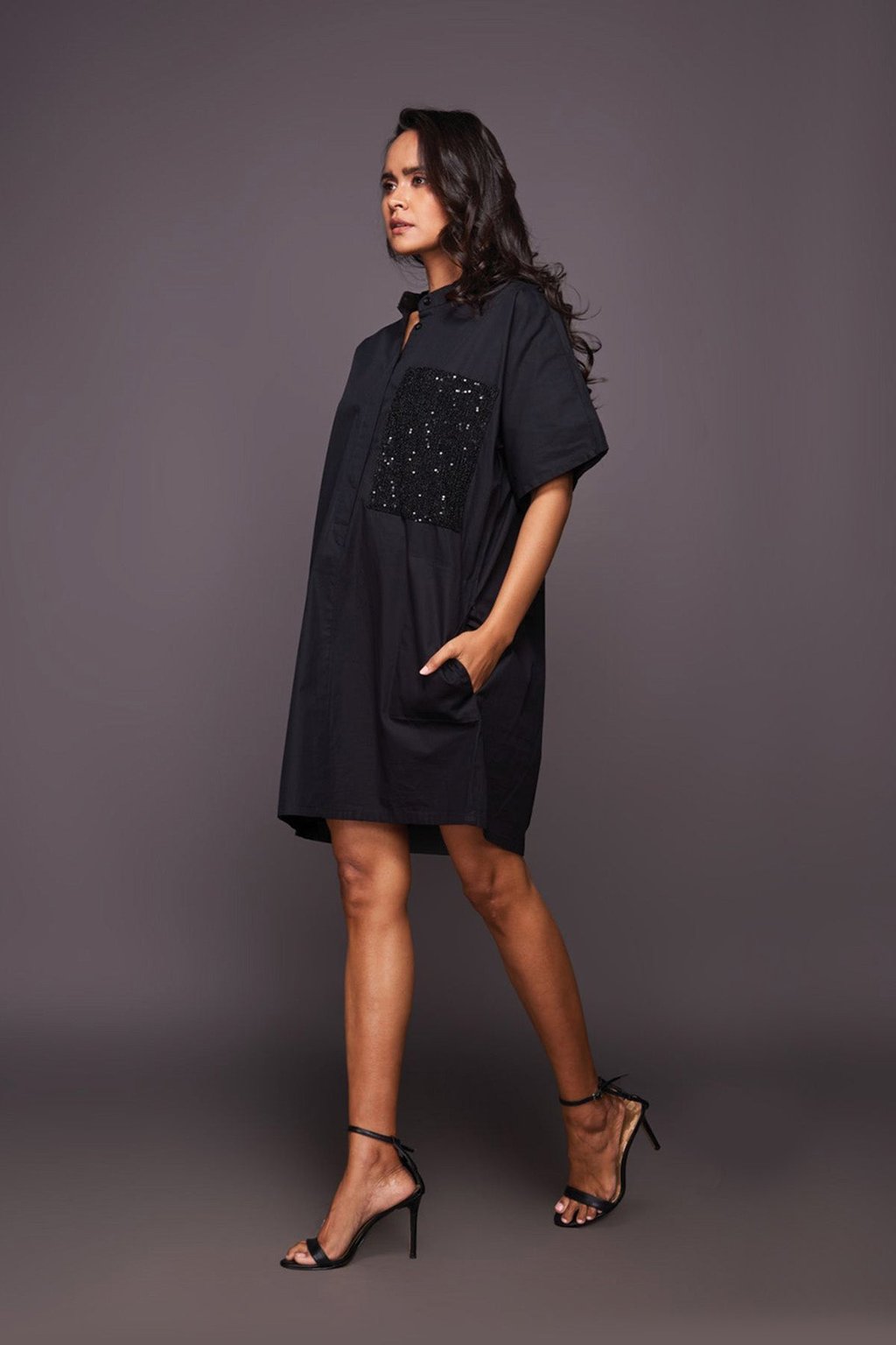 Shirt Dress with Sequin Patch Pocket