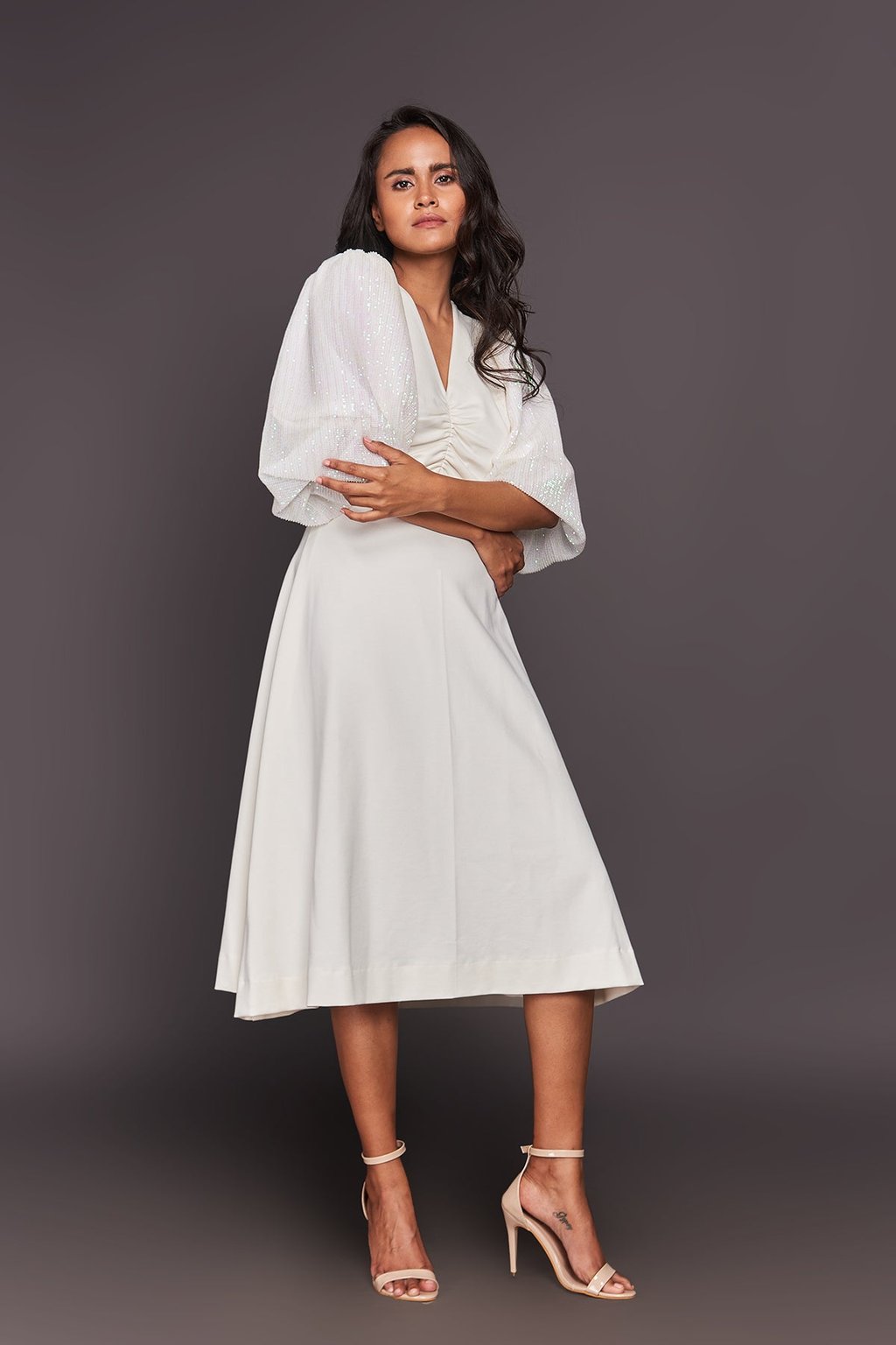 Front Cutout Sequin Puff Sleeves Midi Dress