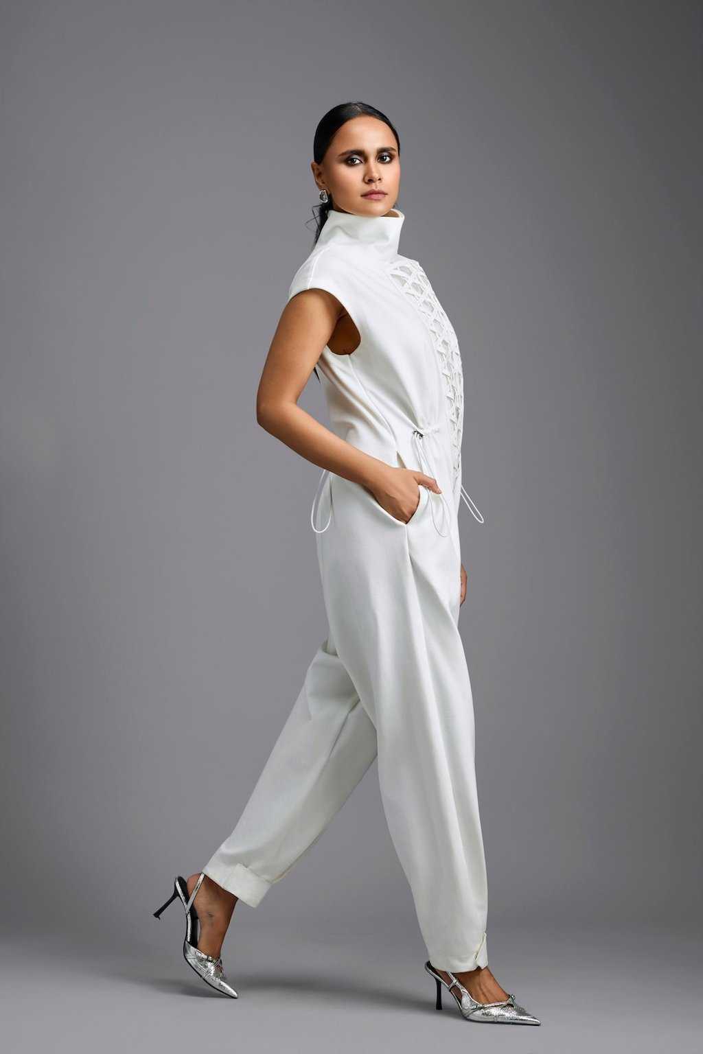 Jumpsuit with Woven Leather Panel