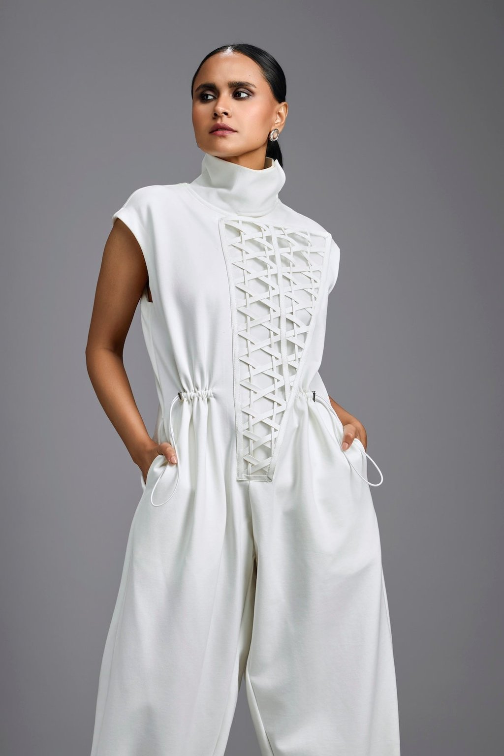 Jumpsuit with Woven Leather Panel