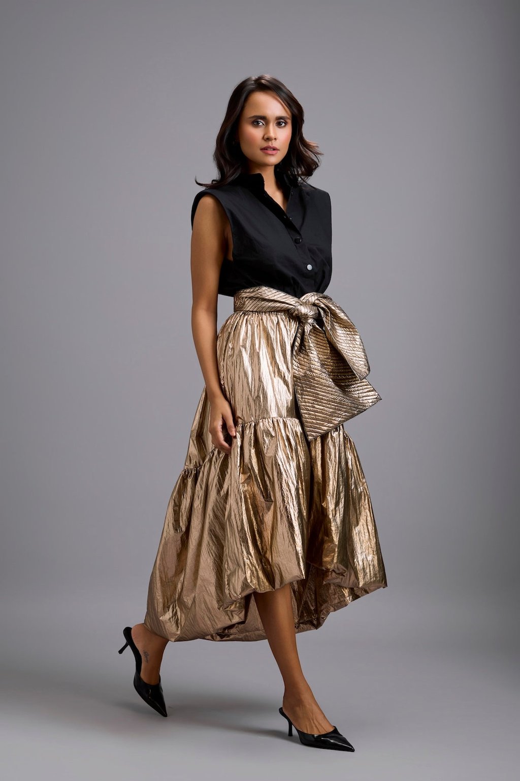 Metallic Gold High-Low Skirt with Bow