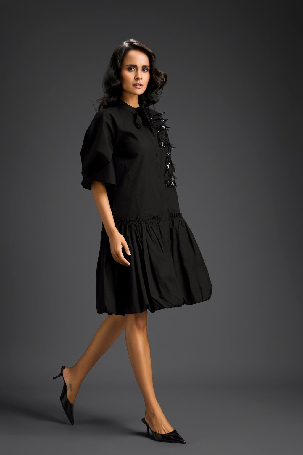 Black 3d Floral Embellished Puff Sleeve Dress