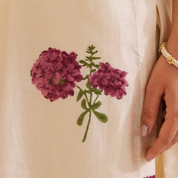 Ivory Chanderi Hand Block Floral Kurta Set