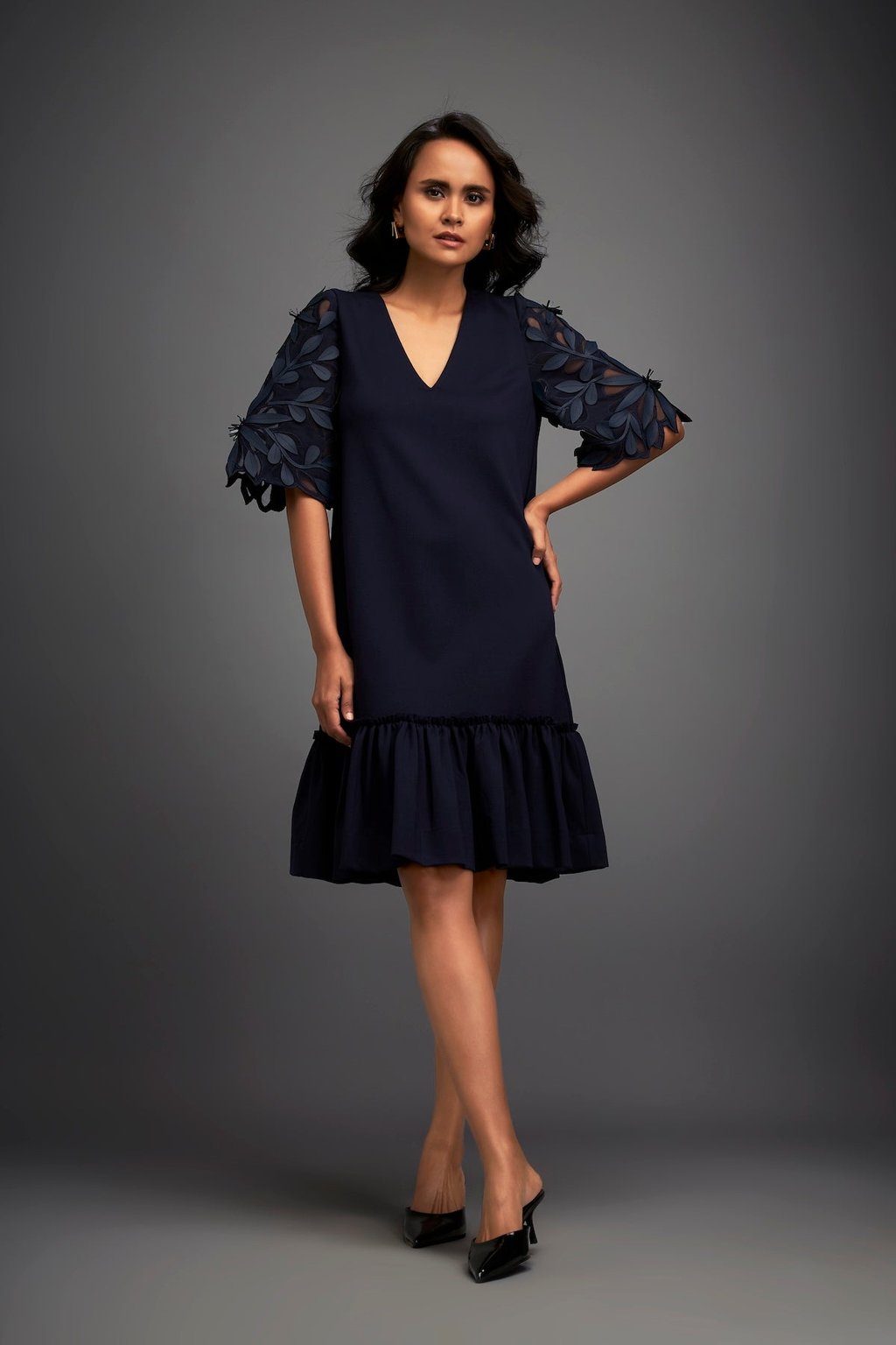 V-Neck Dress With Leaf-Patterned Sleeves