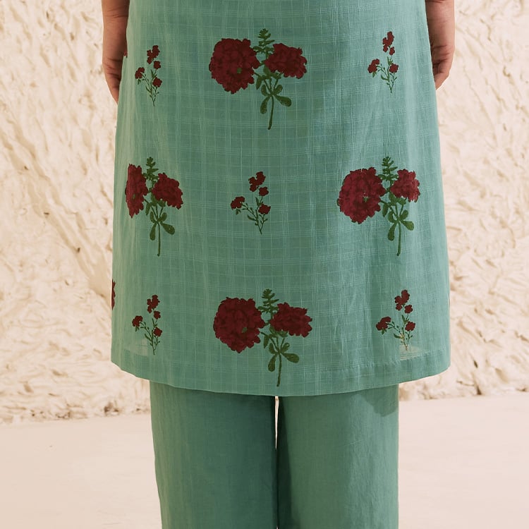 Teal Cotton Hand Block Floral Print Kurta Set