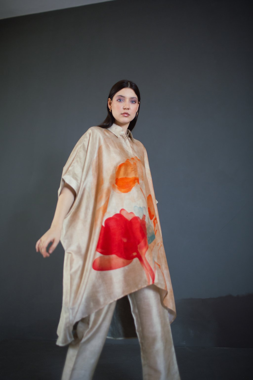 Beige High Low Kaftan Set