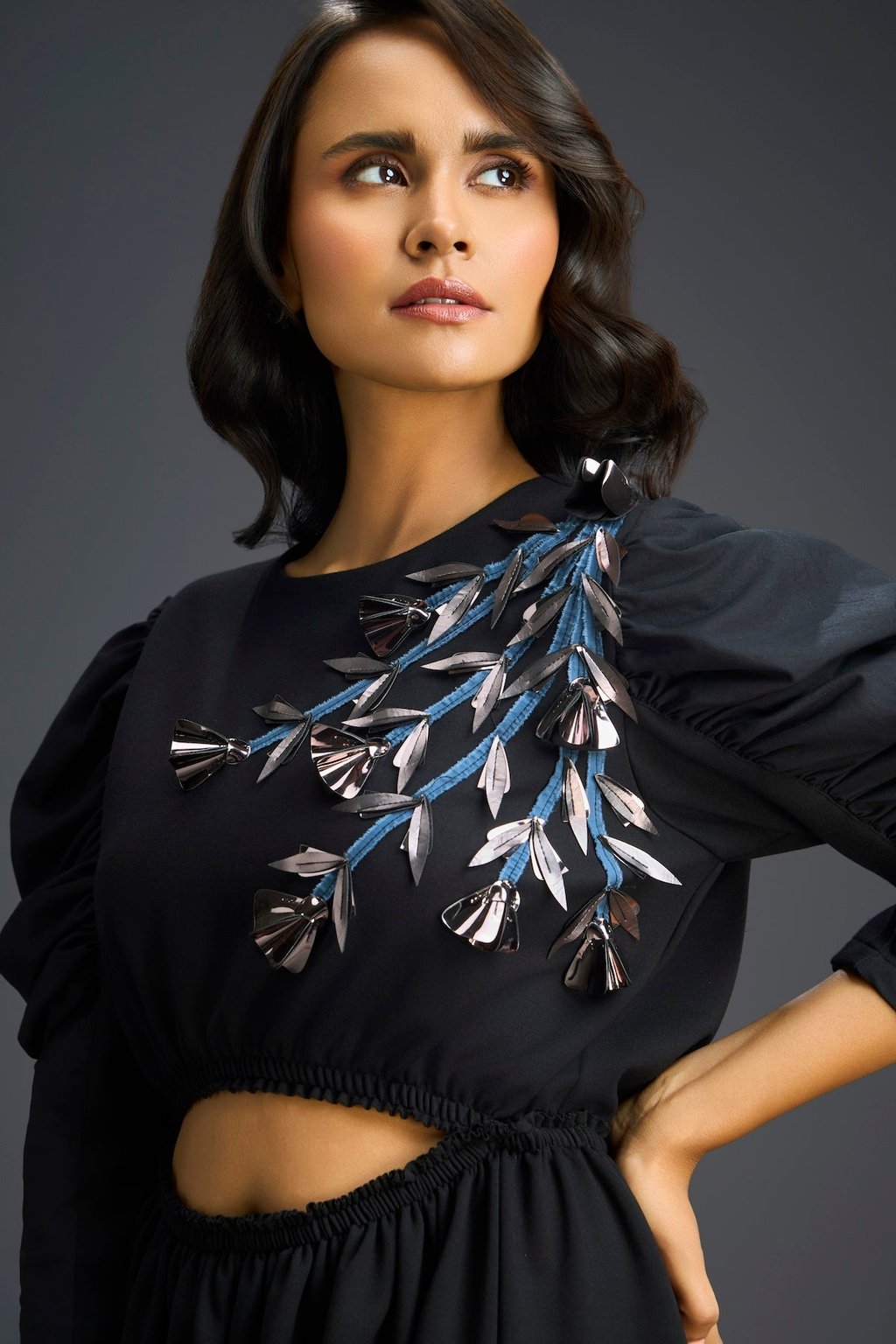 Black Midriff Cut-Out Floral Embroidered Dress