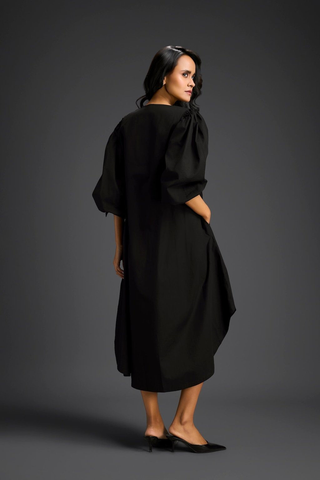 Black Embellished Puff Sleeve High-Low Dress