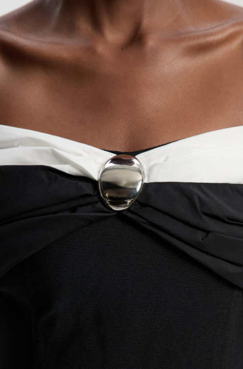Taffeta Bardot Figure Form Maxi Dress