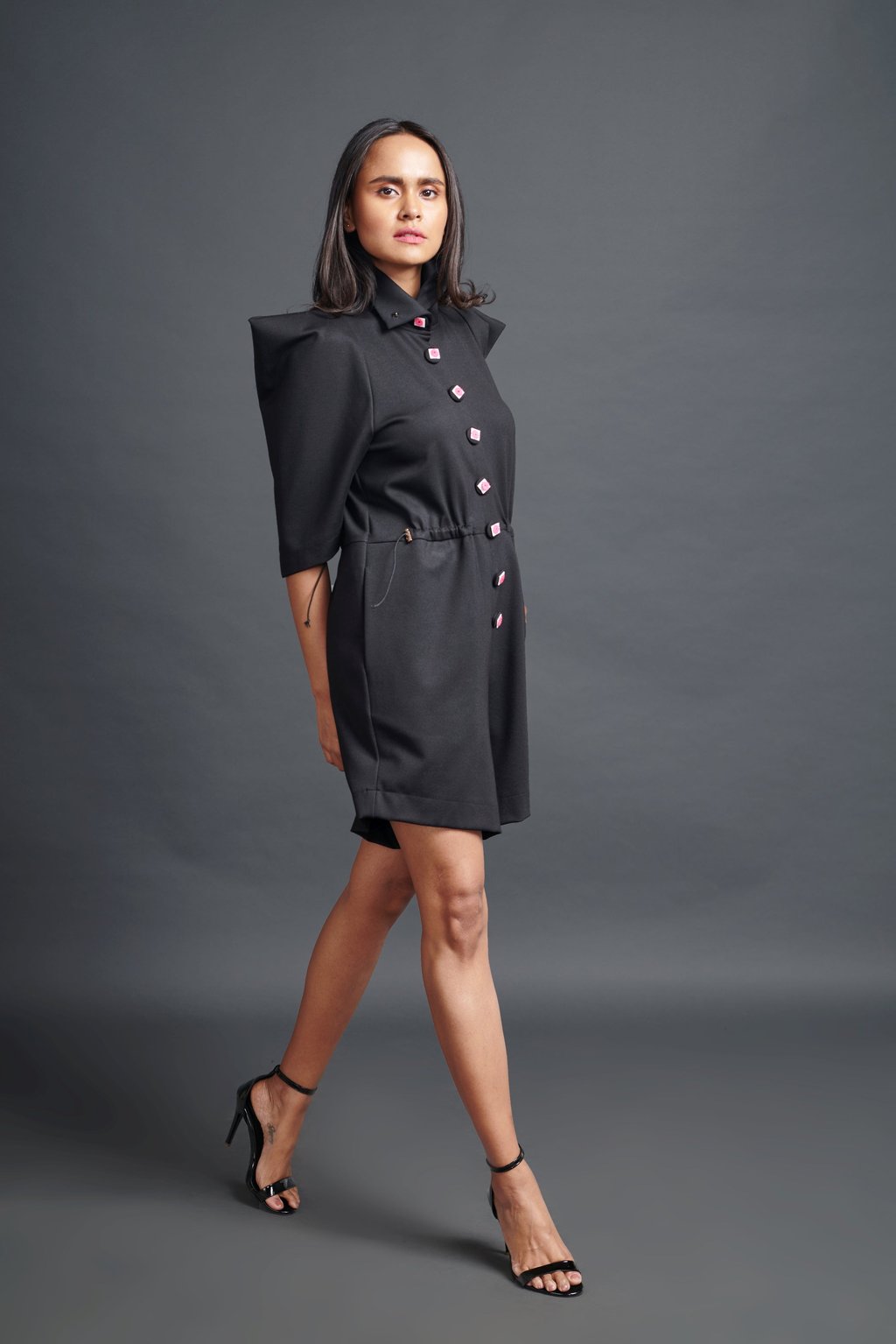 Black High Neck Playsuit with Cutwork