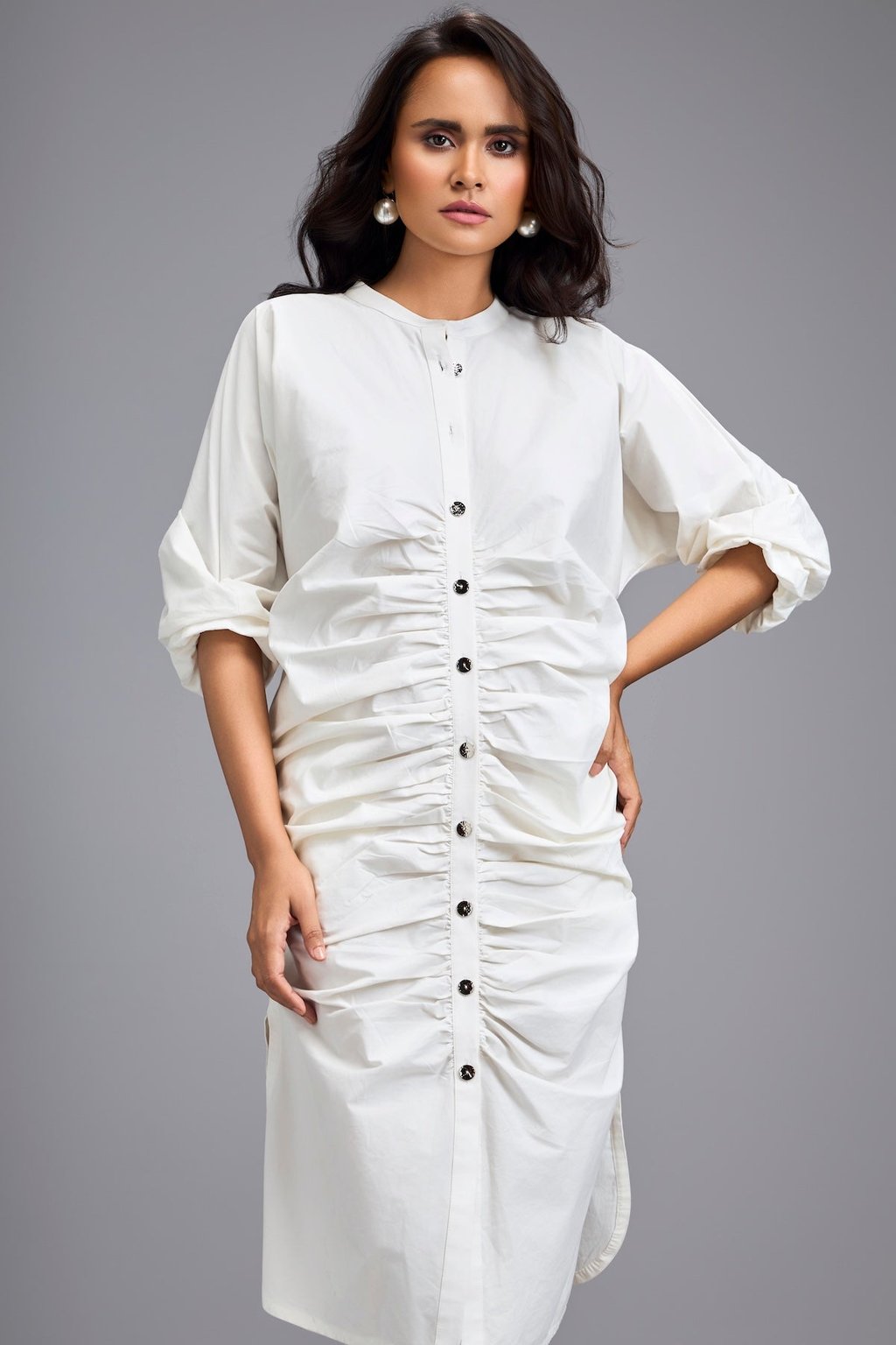 White Ruched Button-Down Shirt Dress