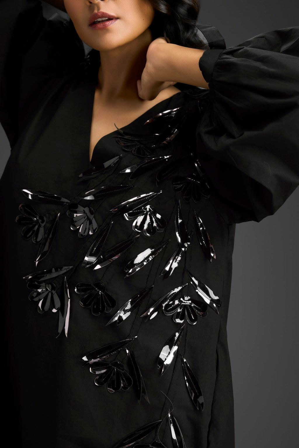 Black Embellished Puff Sleeve High-Low Dress