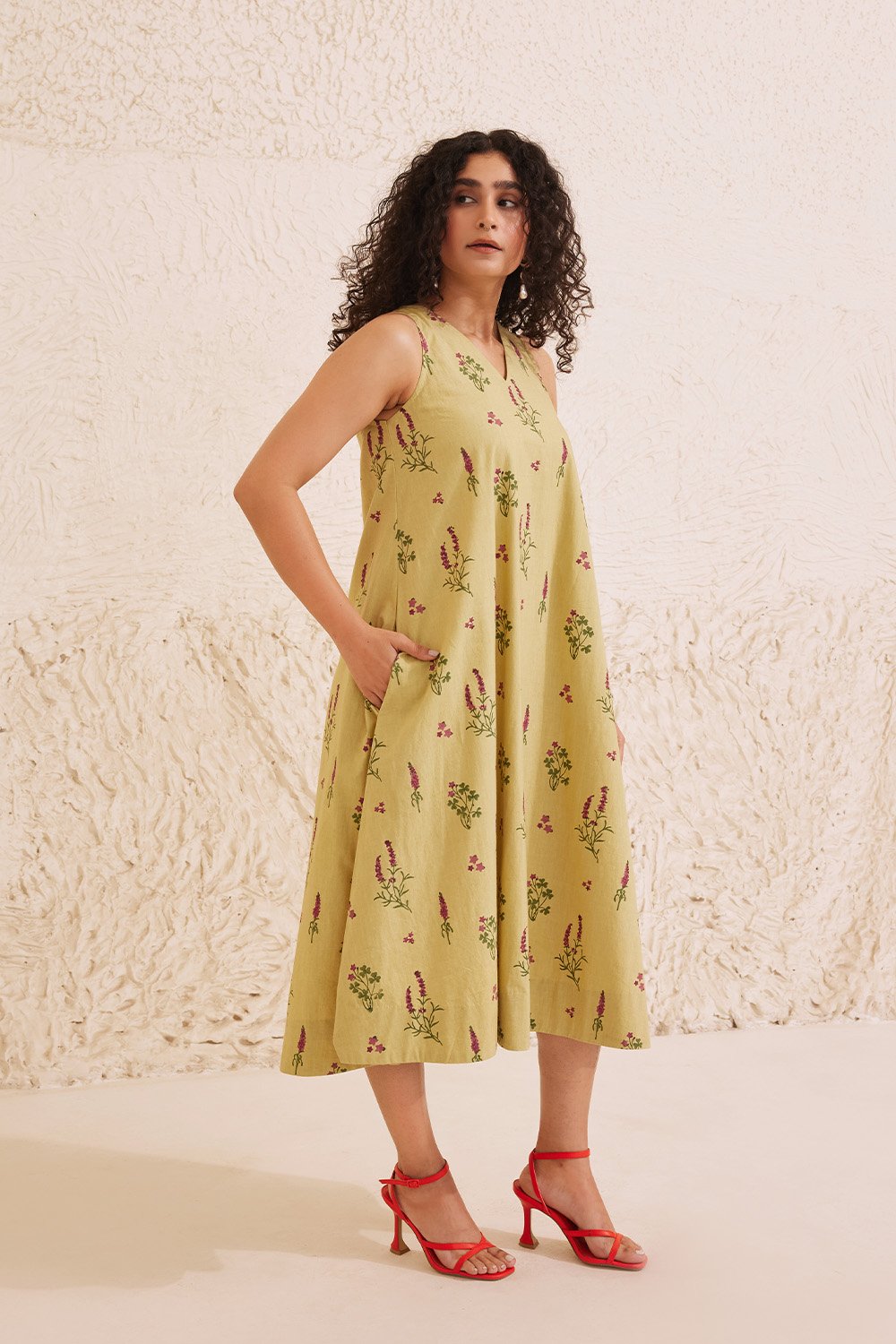 Sage Green Chanderi Hand Block Floral Dress