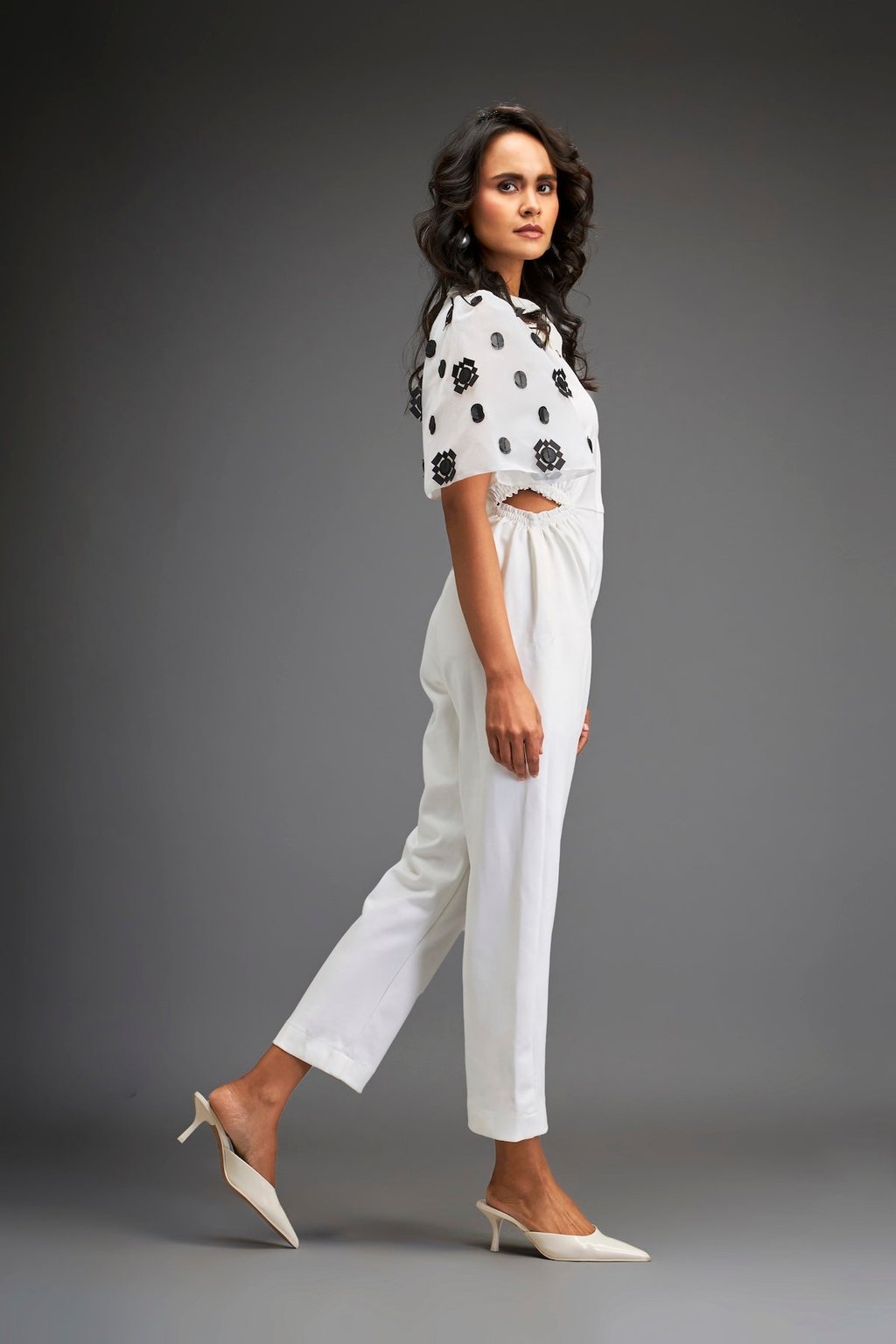 White Embroidered Sleeves Jumpsuit with Belt