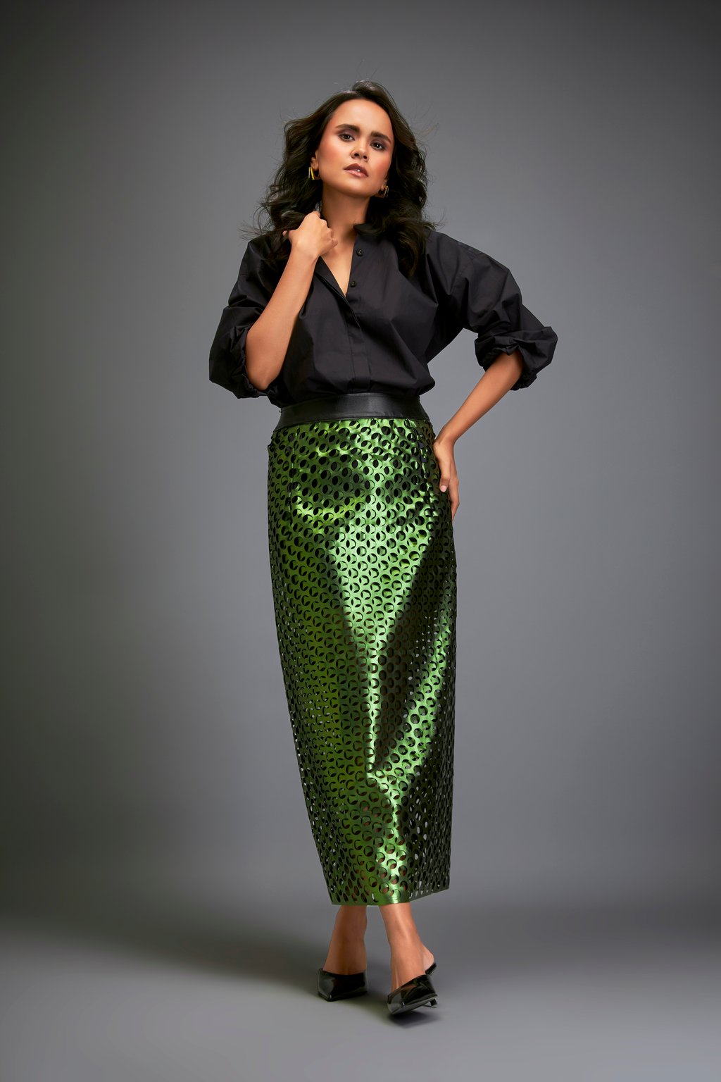 Metallic Skirt with Geometric Cutout Detailing