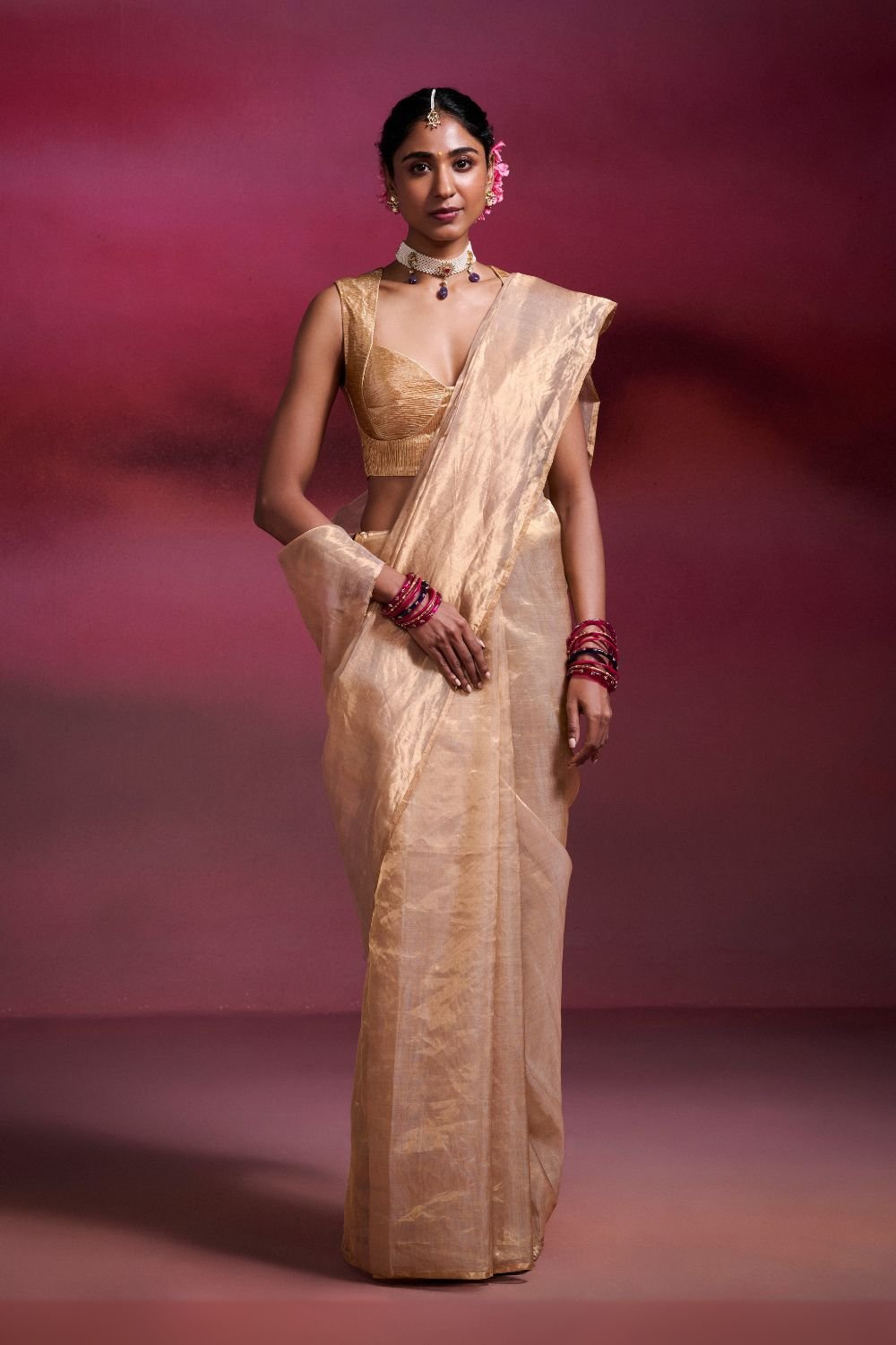 Handwoven Chanderi Tissue Saree in Light Gold