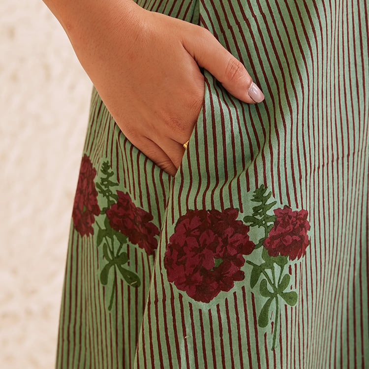 Teal Poplin Hand Block Floral Halter Neck Dress