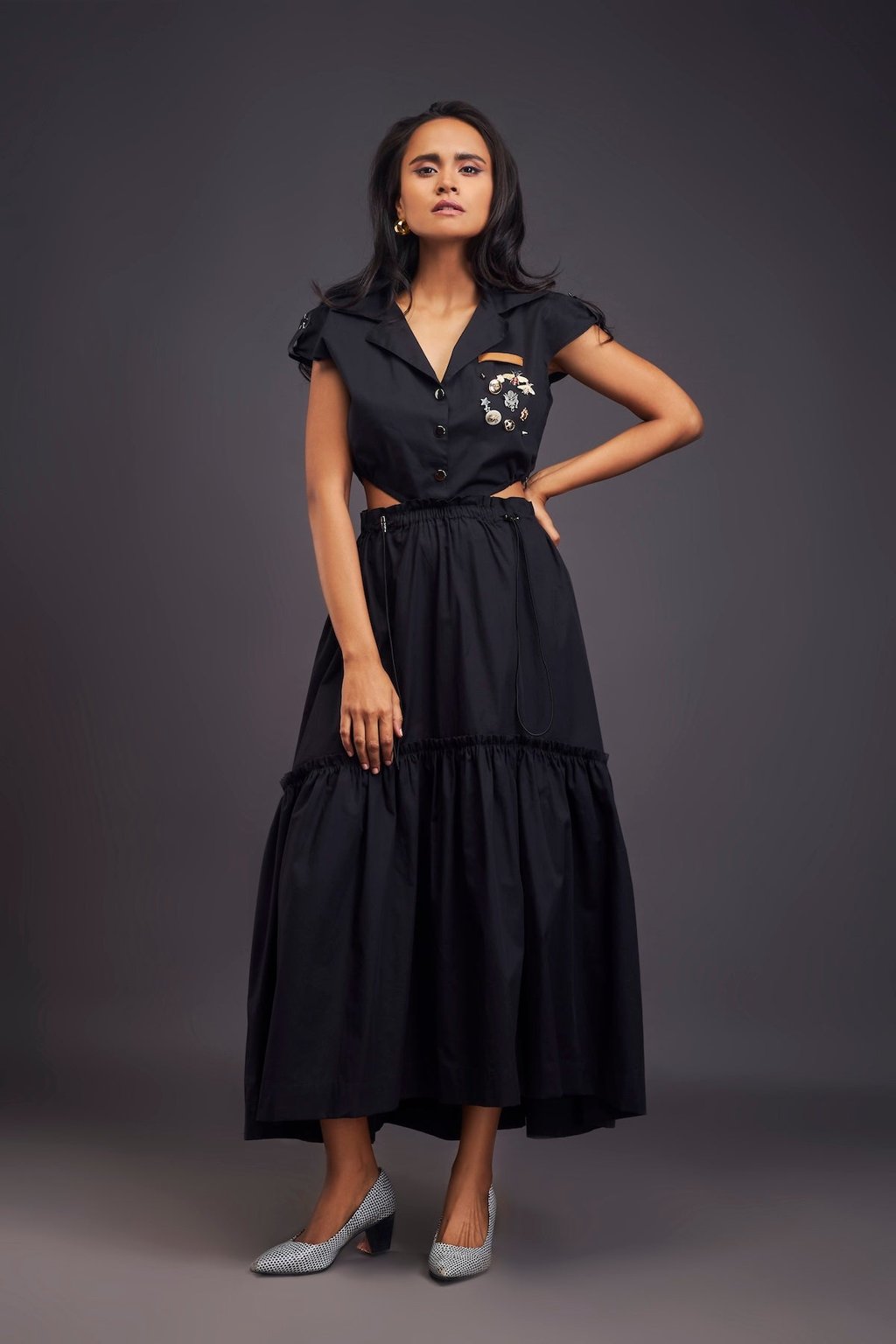 Lapel Collar Long Dress with Side Cutouts Black