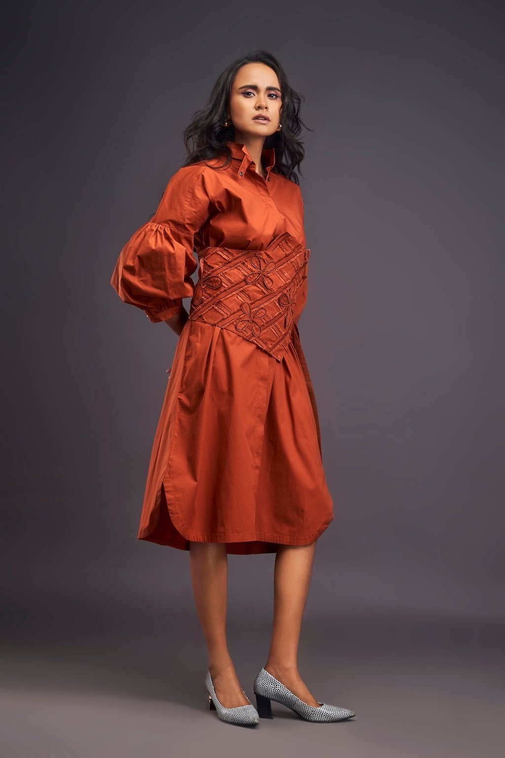 Shirt Dress with Applique Corset Style Tie up Belt