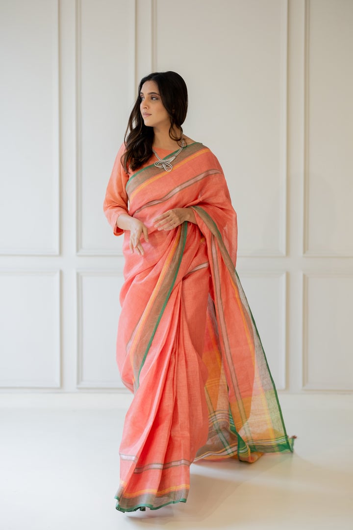 Tropical Apricot Linen Saree
