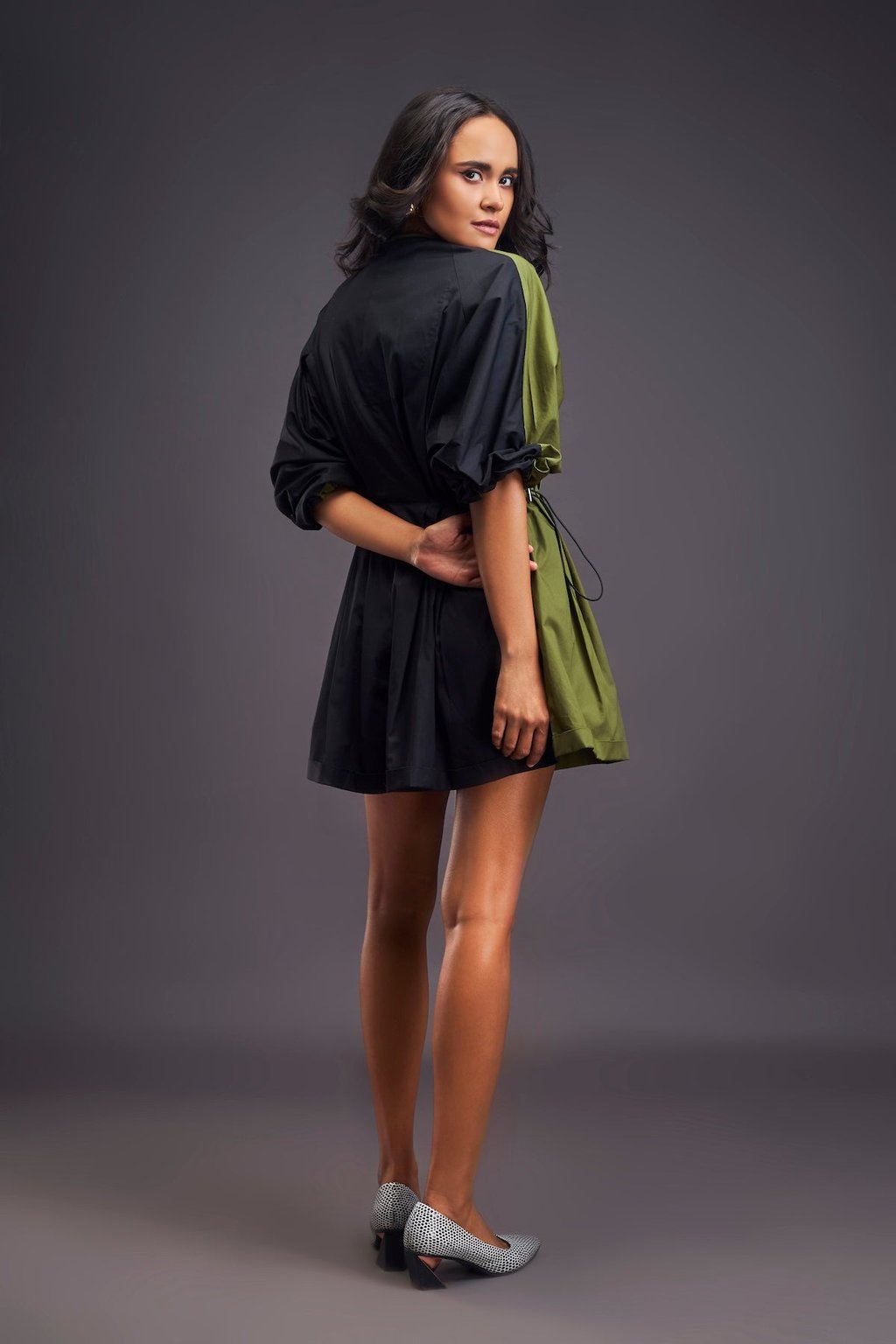 Lapel Collared Pleated Playsuit Green Black
