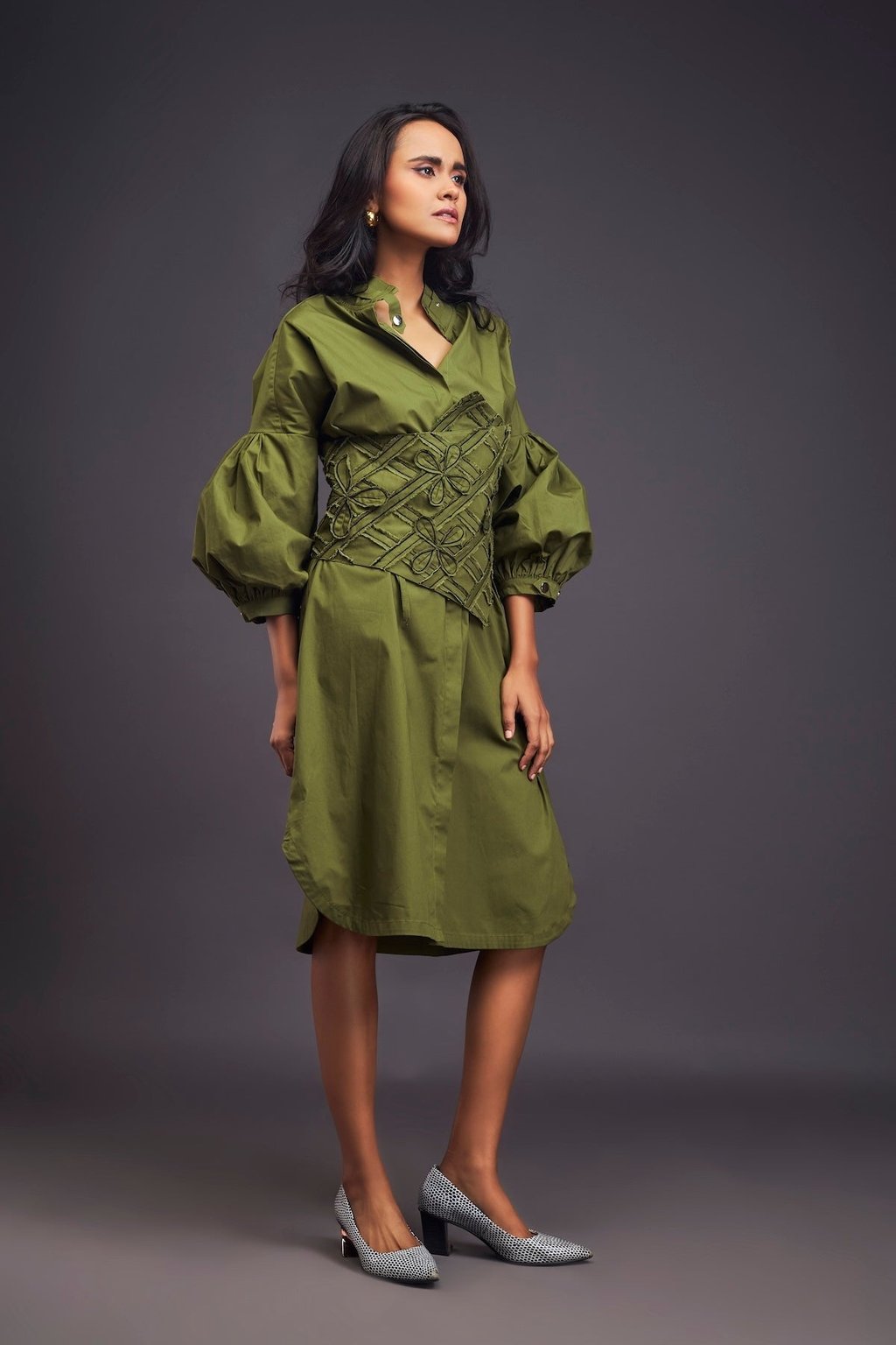 Shirt Dress with Applique Corset Style Tie up Belt